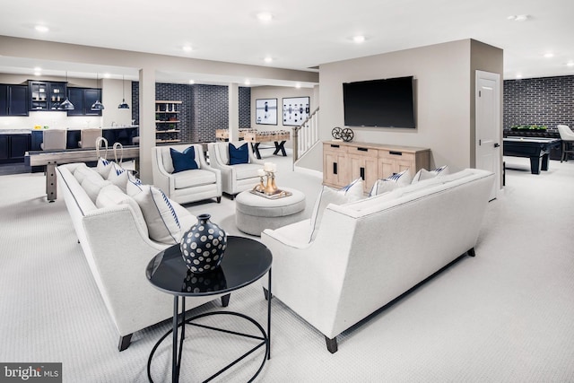 living room featuring light colored carpet