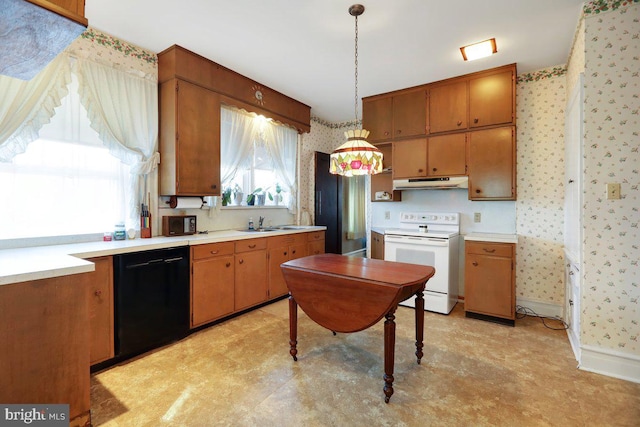 kitchen featuring sink, black dishwasher, electric range, and pendant lighting