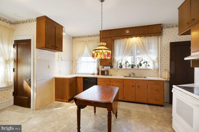 kitchen featuring black dishwasher, white range with electric cooktop, sink, decorative light fixtures, and ventilation hood