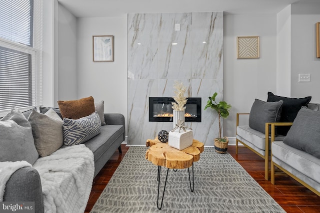 living room with a premium fireplace and dark wood-type flooring