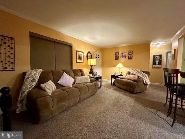 living room featuring crown molding and carpet floors