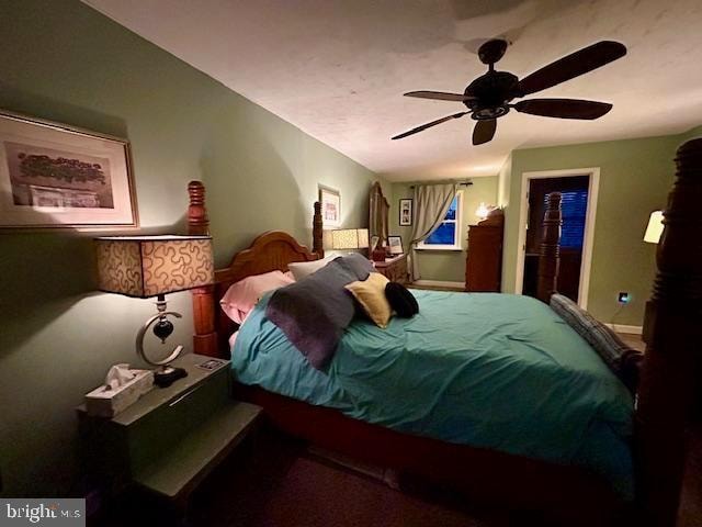 bedroom featuring a spacious closet, a closet, and ceiling fan