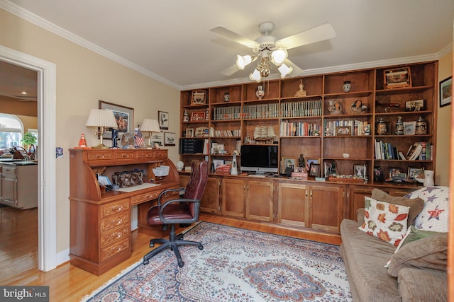 office area featuring light hardwood / wood-style flooring, ornamental molding, sink, and ceiling fan