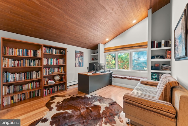 office featuring light hardwood / wood-style floors, wooden ceiling, lofted ceiling, and a baseboard heating unit