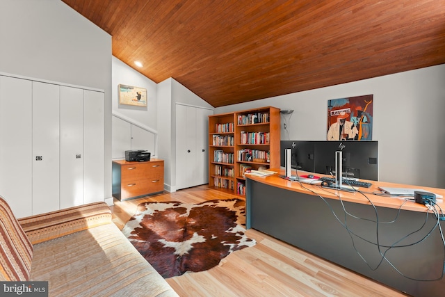 office area with vaulted ceiling, wood ceiling, and light hardwood / wood-style floors