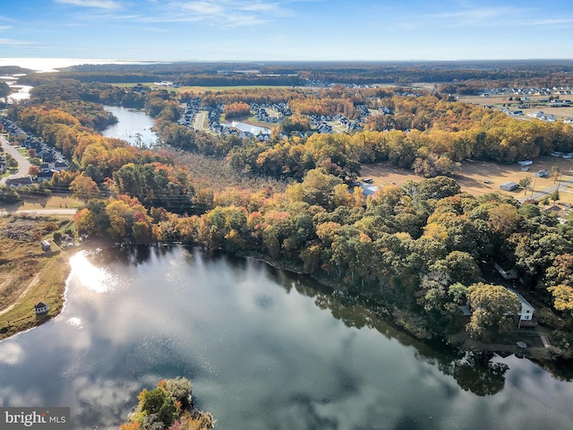 drone / aerial view with a forest view and a water view