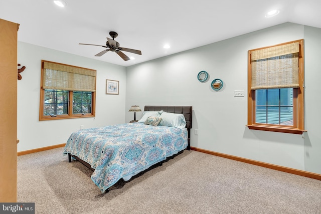 carpeted bedroom with recessed lighting, baseboards, and a ceiling fan