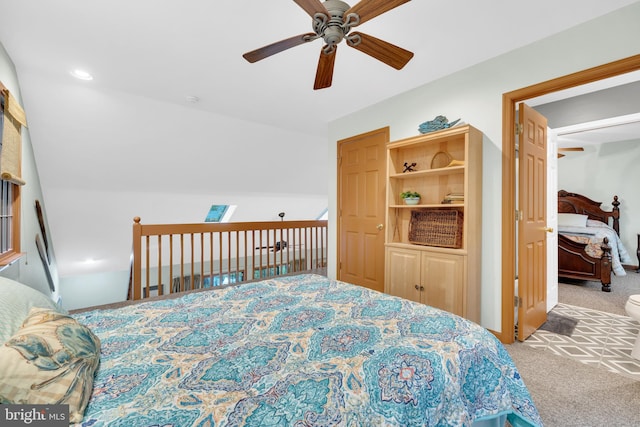 bedroom featuring ceiling fan and carpet flooring