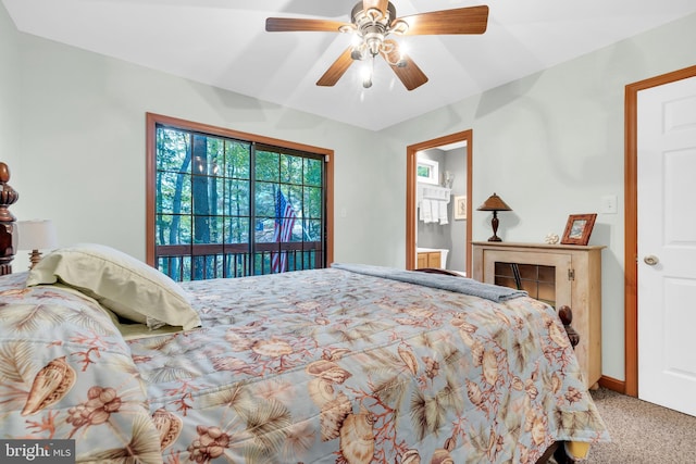 bedroom featuring access to exterior, carpet floors, and ceiling fan
