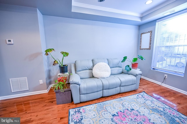 living room featuring a tray ceiling, hardwood / wood-style floors, and crown molding