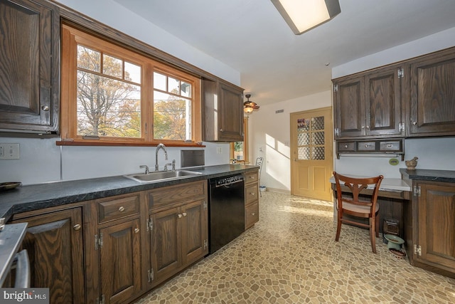 kitchen with black dishwasher, sink, and dark brown cabinets