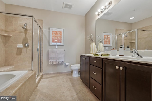 full bathroom with toilet, plus walk in shower, vanity, and tile patterned flooring