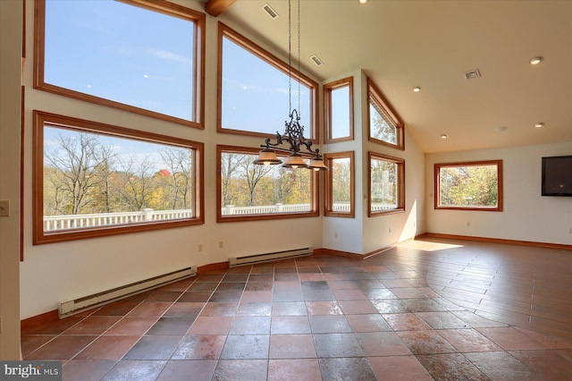 unfurnished living room with high vaulted ceiling and a baseboard radiator