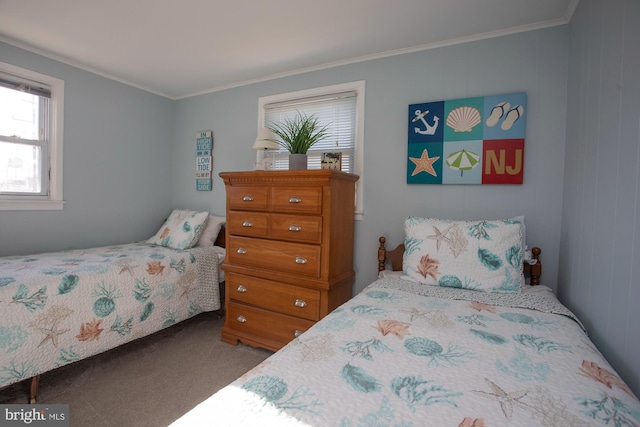 bedroom with carpet flooring and ornamental molding