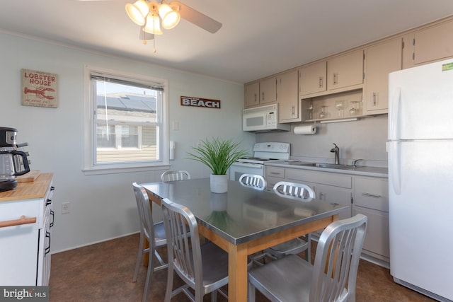 kitchen featuring ceiling fan, sink, crown molding, and white appliances