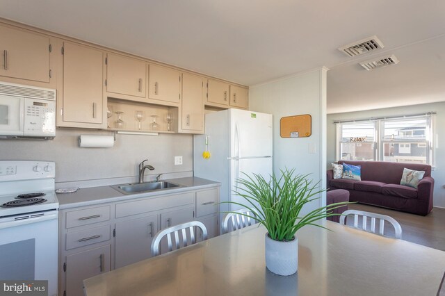 kitchen with sink, wood-type flooring, and white appliances