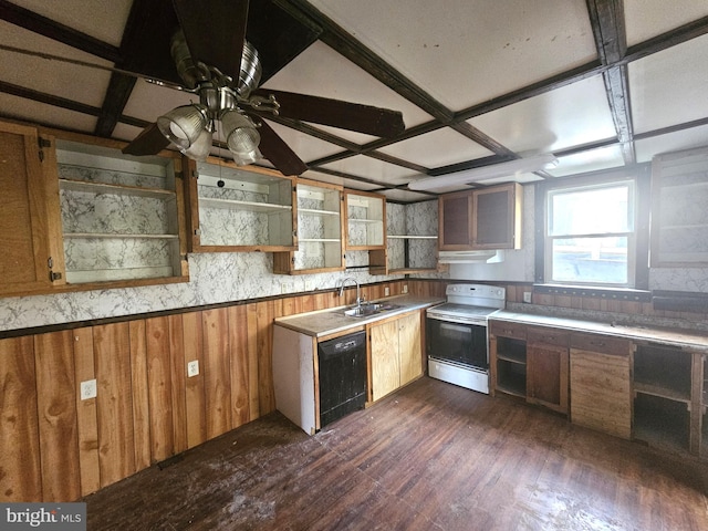 kitchen with coffered ceiling, black dishwasher, dark wood-type flooring, electric stove, and wood walls