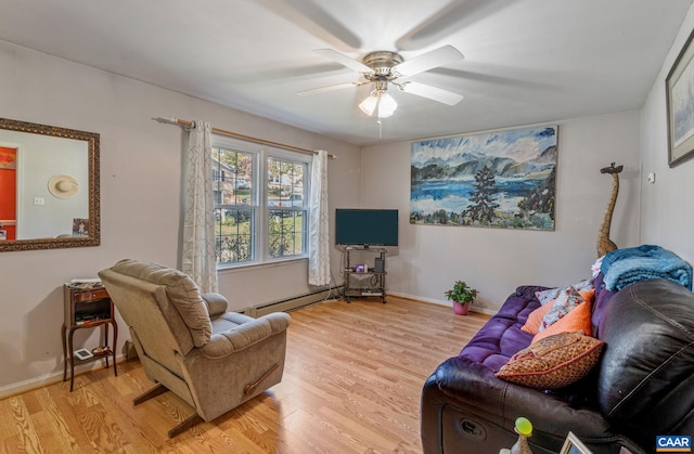 living room featuring light hardwood / wood-style floors, a baseboard radiator, and ceiling fan