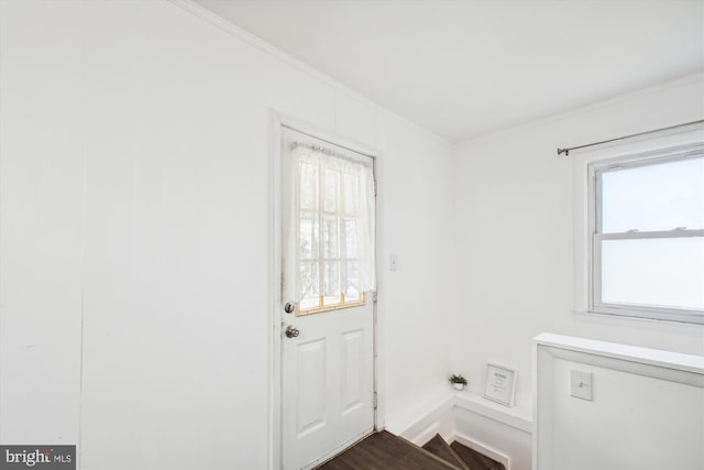 doorway to outside featuring ornamental molding, a healthy amount of sunlight, and hardwood / wood-style floors