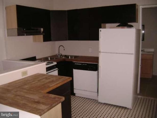 kitchen with sink, range hood, and white appliances