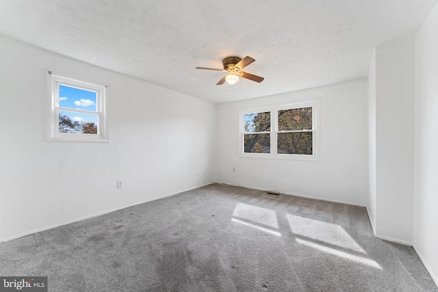 carpeted spare room featuring a wealth of natural light, a textured ceiling, and ceiling fan