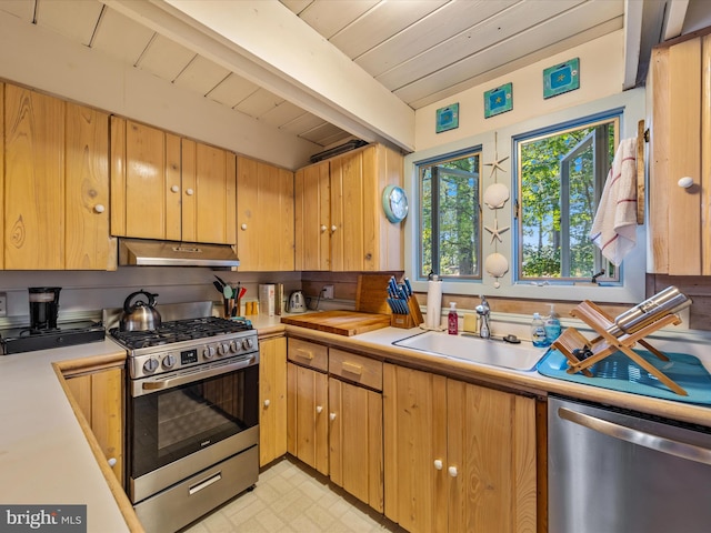 kitchen with wood ceiling, beam ceiling, stainless steel appliances, and sink