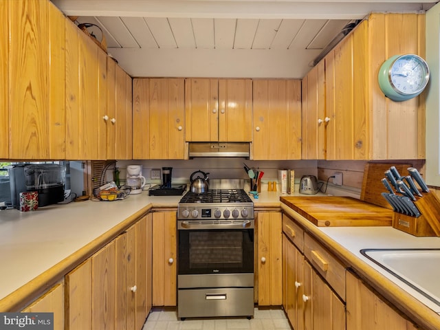 kitchen featuring sink, wood ceiling, and stainless steel gas range