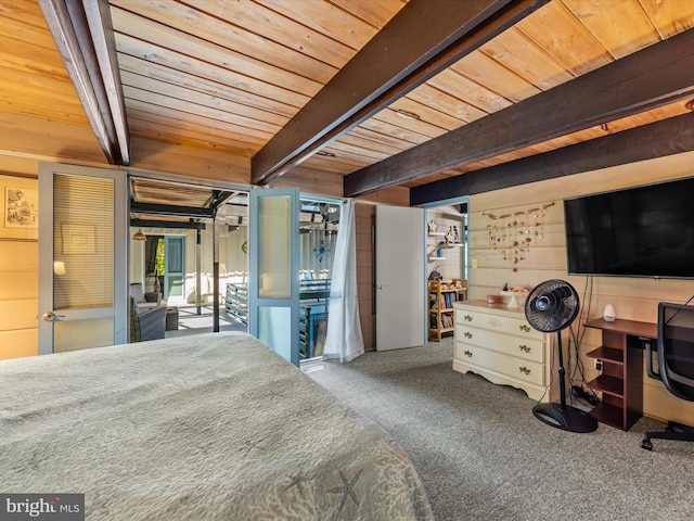 carpeted bedroom featuring wooden ceiling, beamed ceiling, and wooden walls