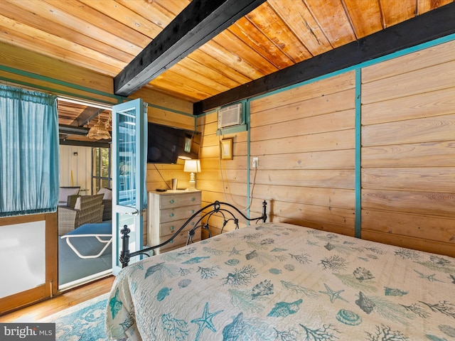 bedroom featuring wooden ceiling, wood-type flooring, a wall mounted air conditioner, wood walls, and beamed ceiling