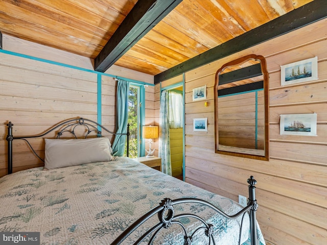 bedroom featuring wood ceiling, wood walls, and beamed ceiling