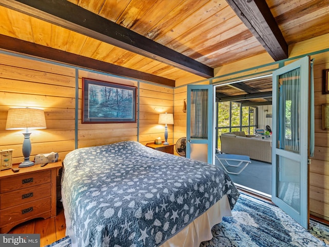 bedroom featuring beam ceiling, wood ceiling, wooden walls, and hardwood / wood-style floors