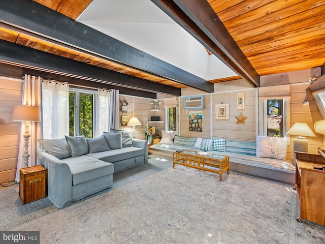 living room featuring beamed ceiling and a wealth of natural light