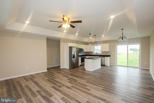 kitchen with white cabinetry, appliances with stainless steel finishes, a tray ceiling, and dark hardwood / wood-style flooring