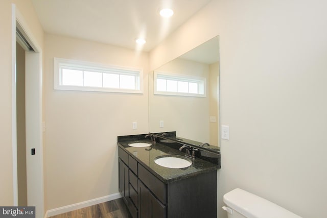 bathroom featuring vanity, toilet, and wood-type flooring