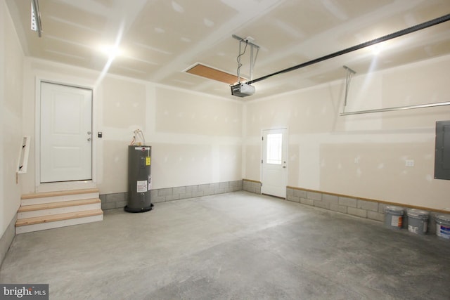 garage with water heater, electric panel, and a garage door opener