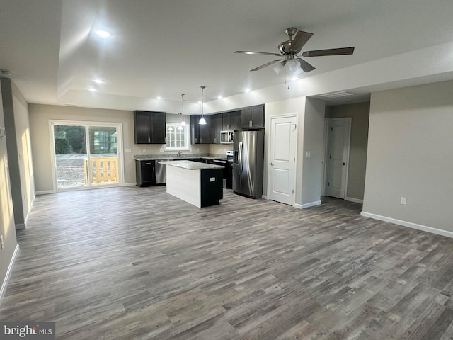 kitchen with hanging light fixtures, ceiling fan, light hardwood / wood-style flooring, stainless steel appliances, and a center island