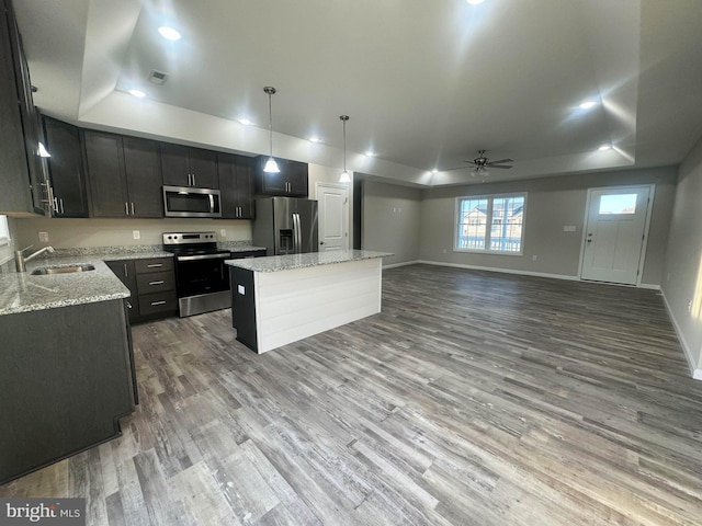 kitchen featuring a kitchen island, a tray ceiling, light hardwood / wood-style flooring, sink, and stainless steel appliances