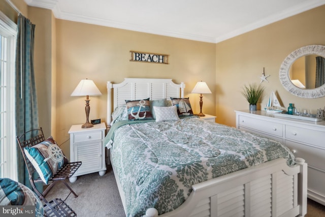 carpeted bedroom with crown molding