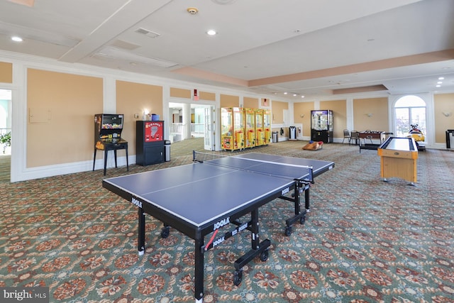 game room featuring carpet flooring and ornamental molding