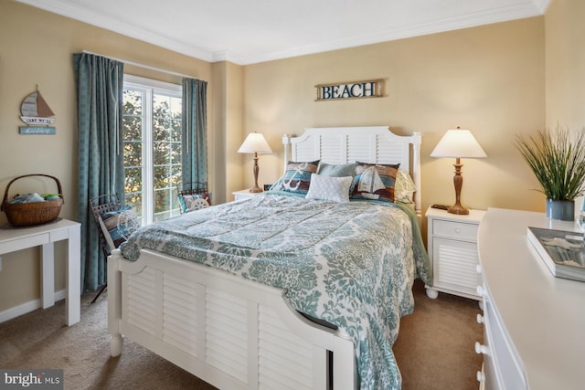 carpeted bedroom with crown molding