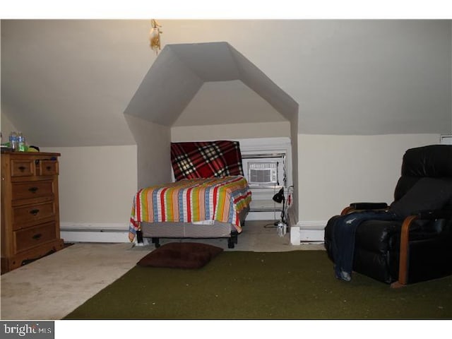 bedroom with vaulted ceiling, cooling unit, carpet floors, and baseboard heating