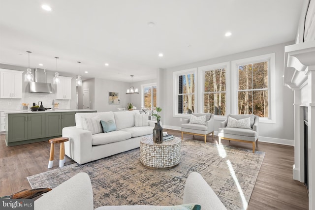 living room with a chandelier and hardwood / wood-style flooring