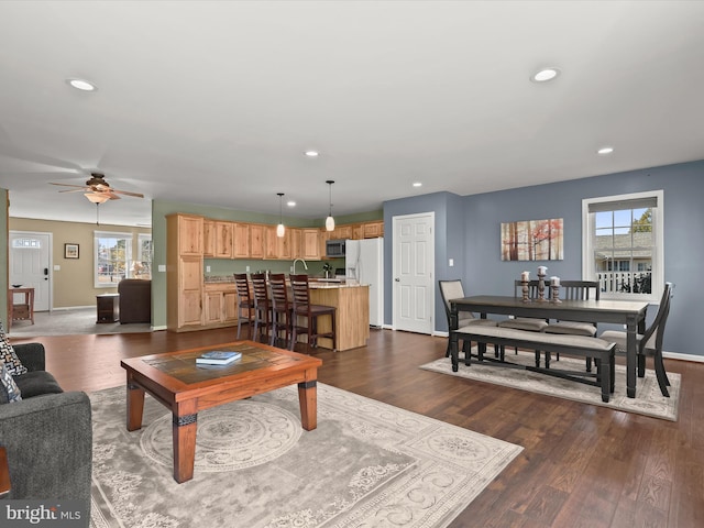 living room featuring ceiling fan, dark hardwood / wood-style floors, and plenty of natural light