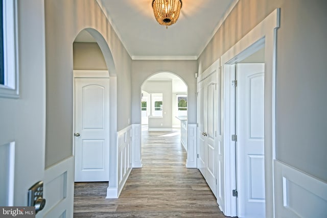 corridor featuring dark hardwood / wood-style floors and ornamental molding