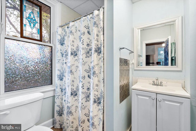 bathroom with vanity, toilet, and walk in shower