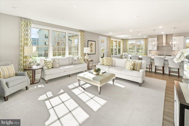 living room featuring light hardwood / wood-style floors and a notable chandelier