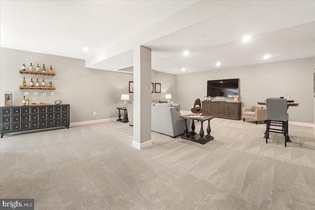 living room with light colored carpet