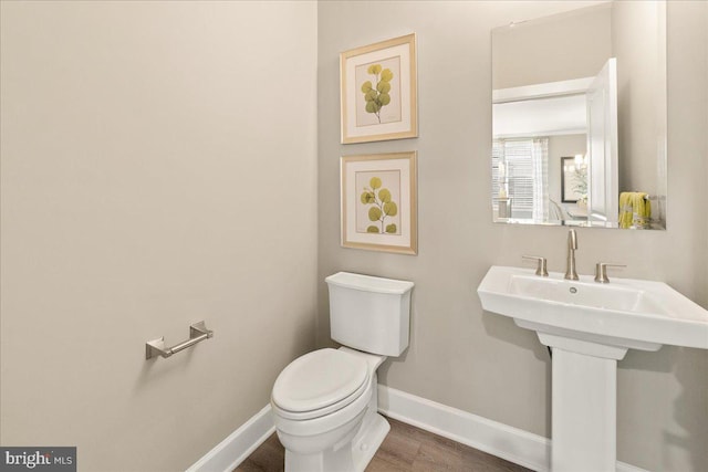 bathroom with hardwood / wood-style flooring and toilet