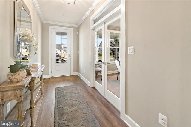 doorway featuring wood-type flooring, french doors, and ornamental molding