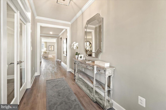 hall with dark hardwood / wood-style flooring and crown molding